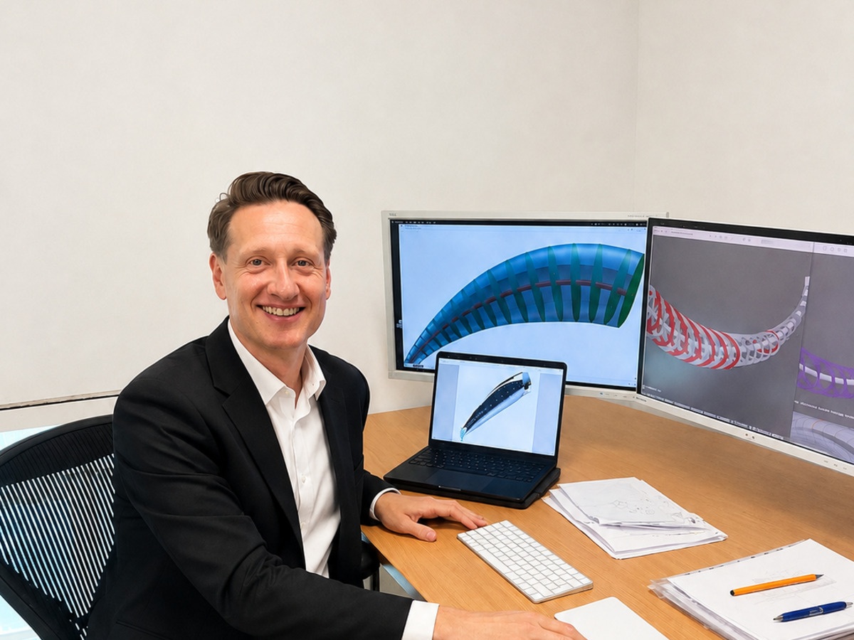 Andrzej Kowalczyk at his desk with CAD models on screen