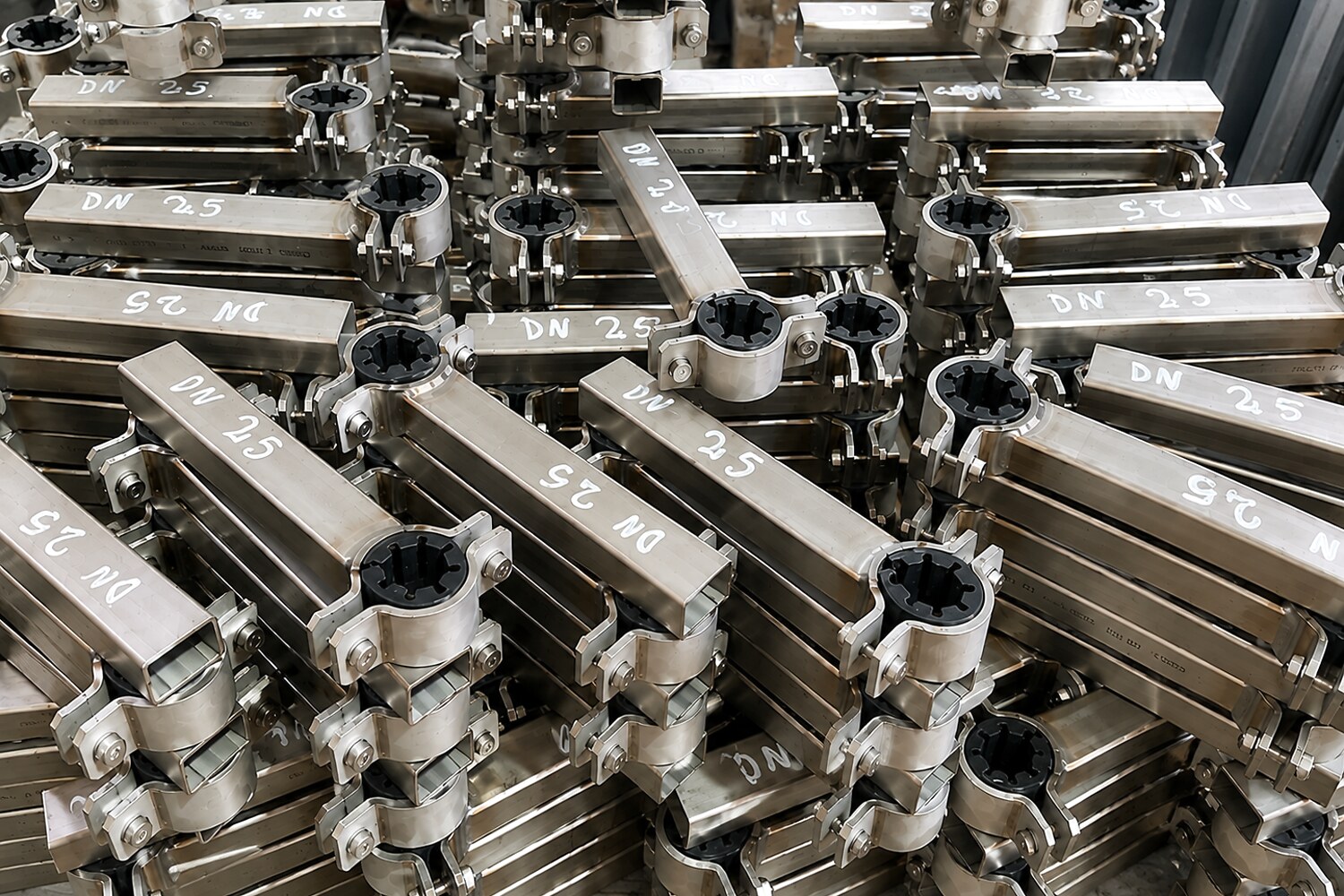 Large serial batch of AISI 316L anti-vibration pipe clamps, DN 25