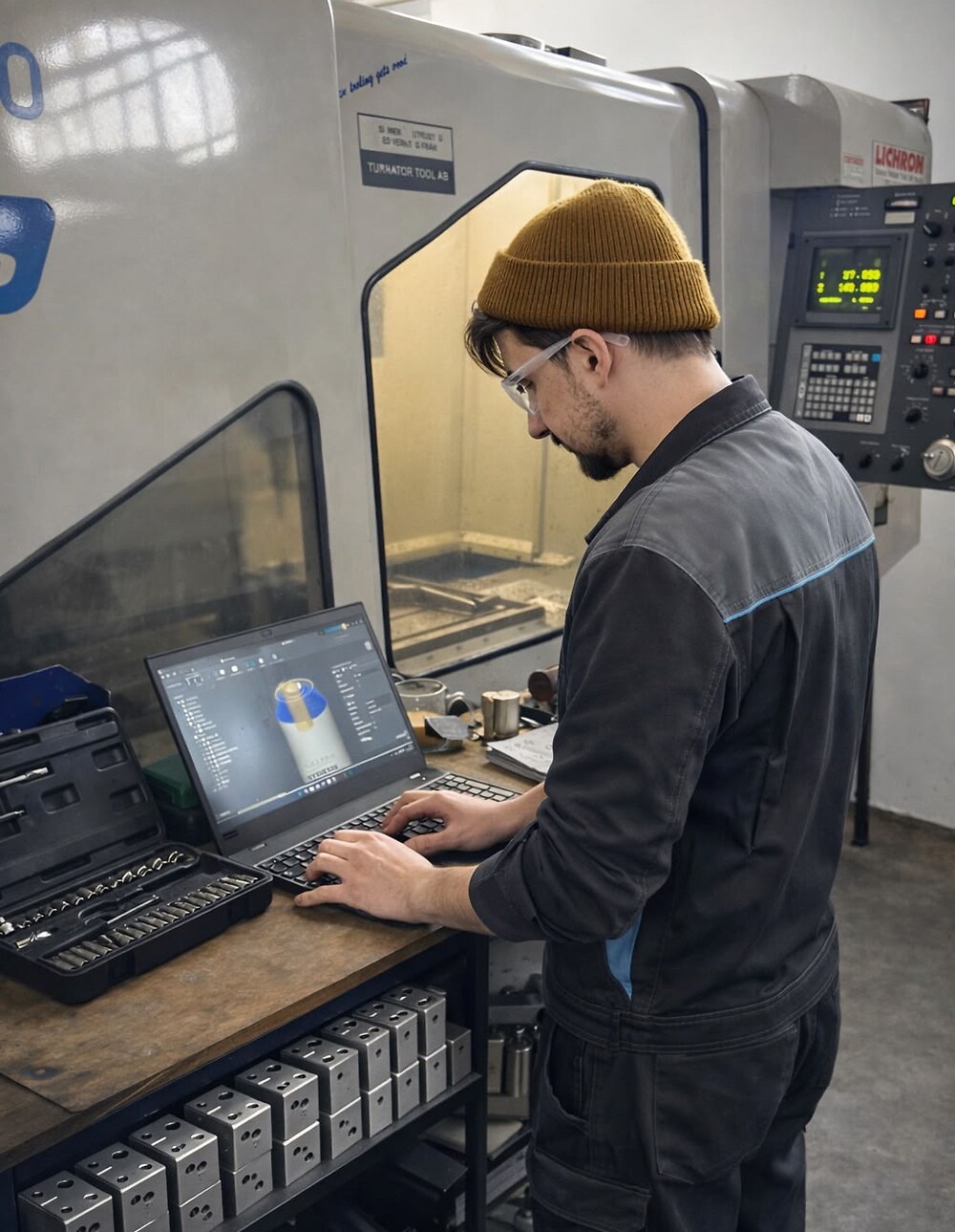 Engineer working on a laptop at a CNC milling machine — engineering and CAM preparation