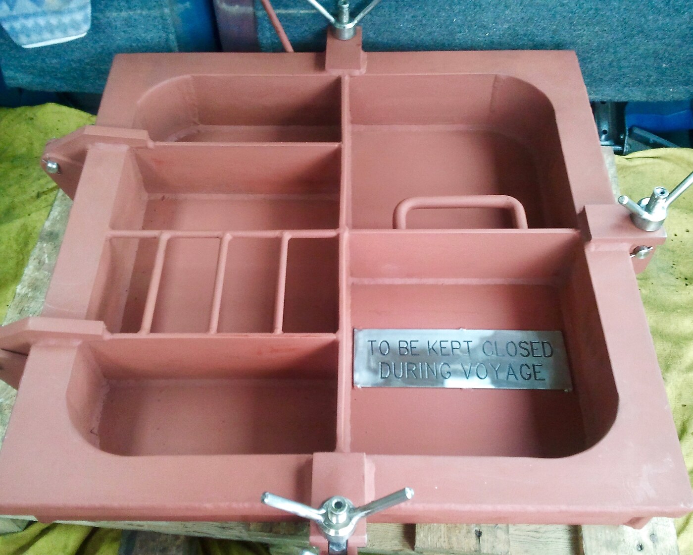 Large rectangular marine hatch tray with compartments