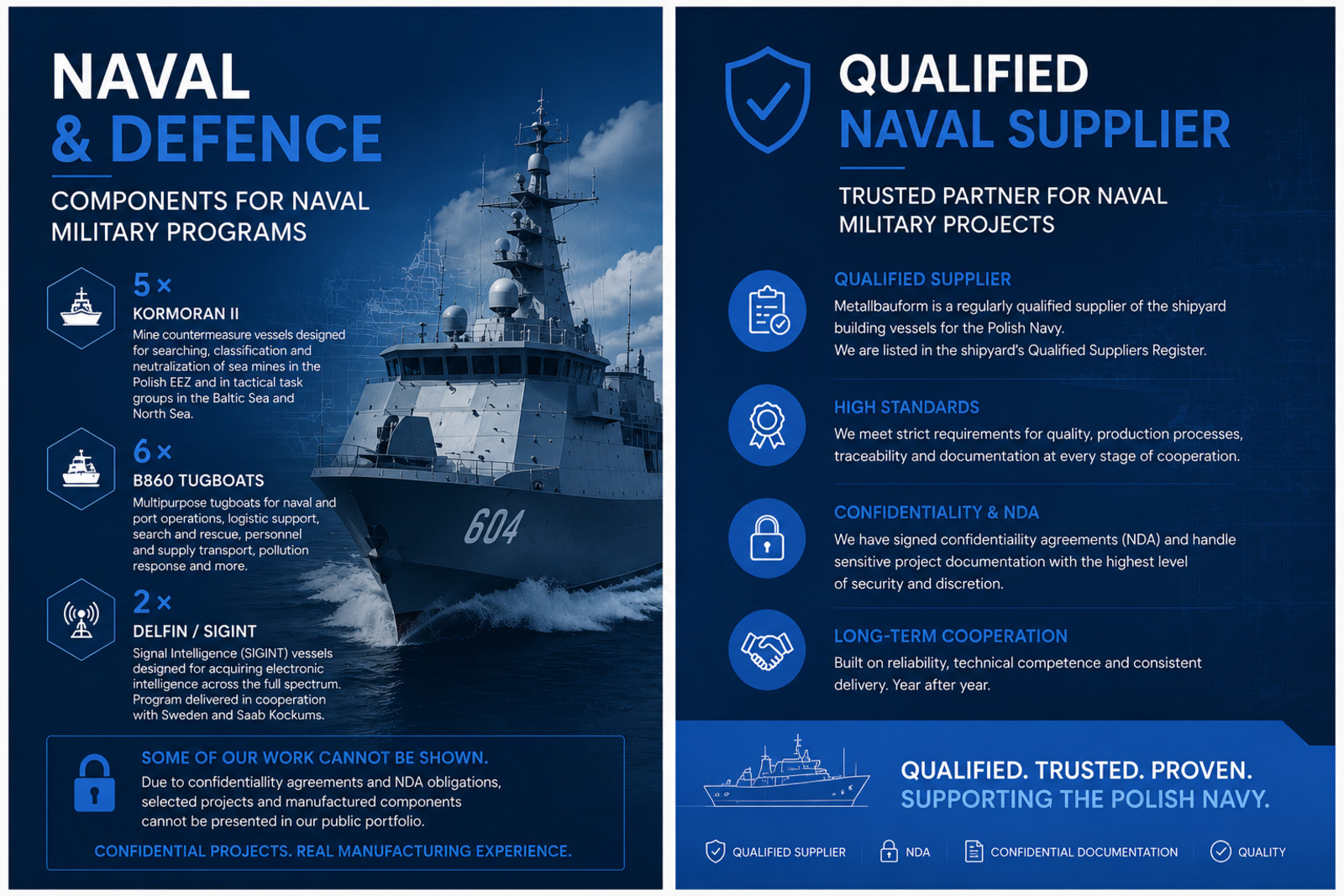 Naval & Defence — qualified supplier of components and assemblies for naval and military shipbuilding projects, confidential under NDA