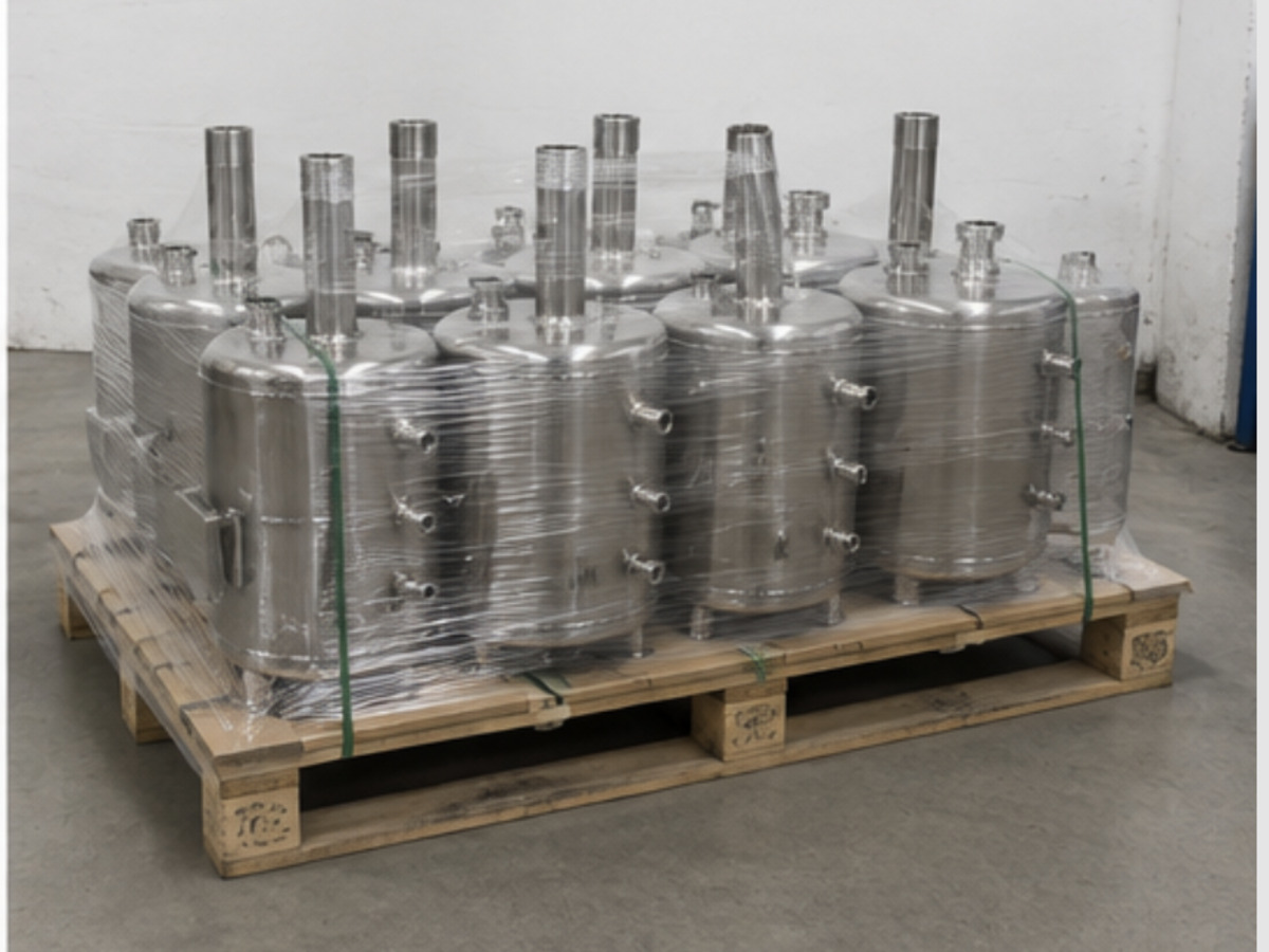 Finished stainless-steel vessels packed and shrink-wrapped on a pallet, ready for dispatch