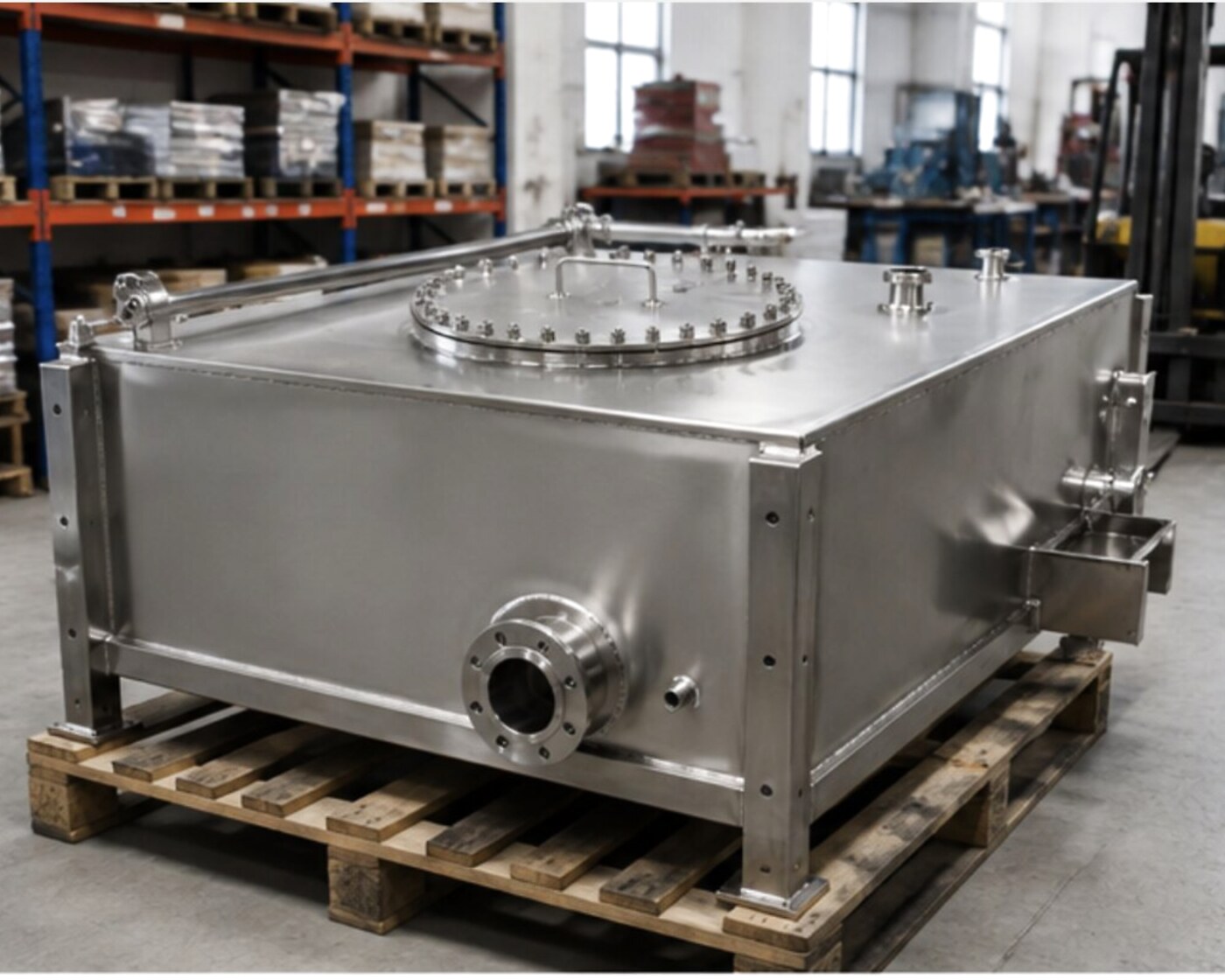 Stainless-steel chamber with bolted round inspection cover and connections