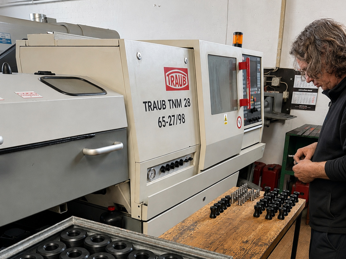 Operator at a TRAUB lathe with finished machined components