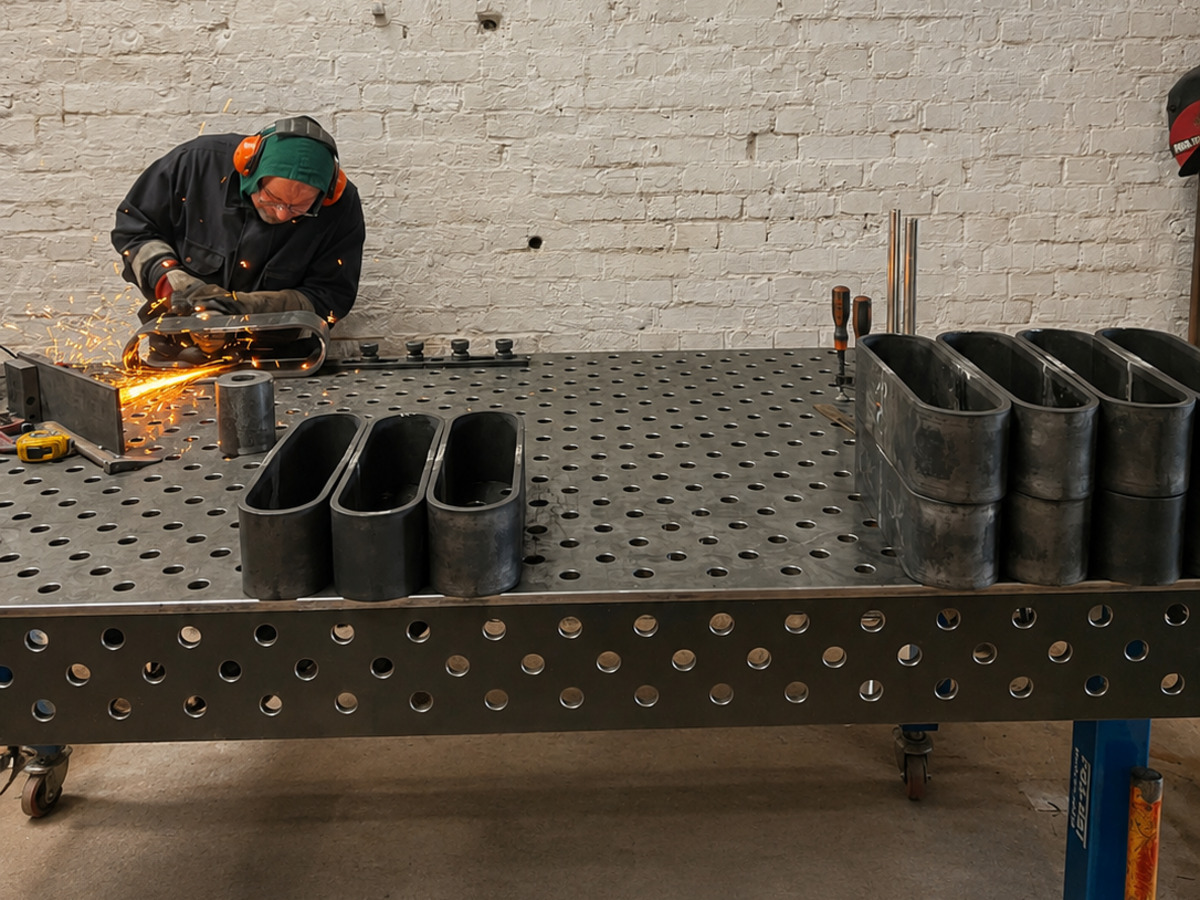 Welder grinding stainless pipe-clamp components at a fixture table