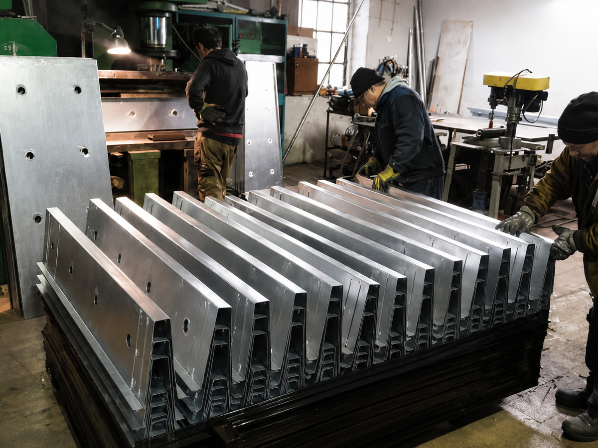Workers bending and forming steel components in series